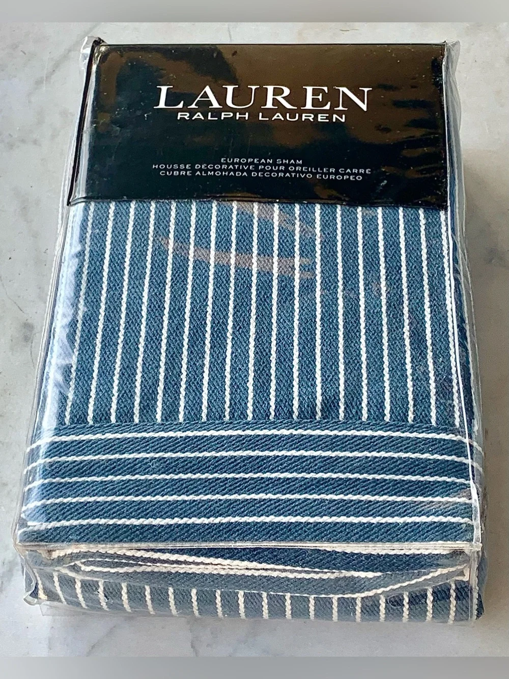 RALPH LAUREN EURO SHAM HANAH YARN DYED BLUE STRIP NEW 26 BY 26 COTTEN LINEN
